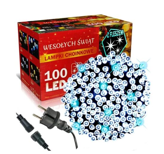  Lauko Kalėdinė girlianda 100 Led, 8 metrai Šaltai baltos spalvos Flash